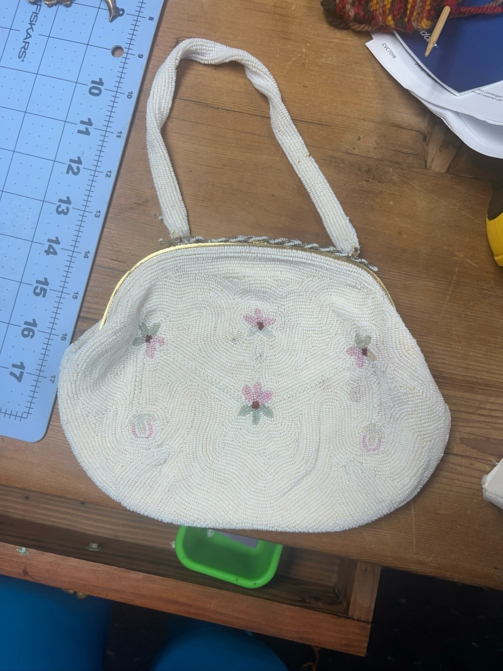 Vintage Beaded White Floral Evening Bag